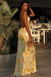Bronzing Pattern Deep V Neck Backless Maxi Strappy Dresses-Gold